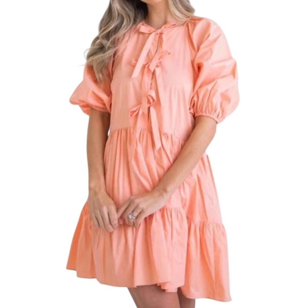 Karlie Bow Poplin Dress Womens M Orange Puff Sleeves Tiered Pockets Cottagecore